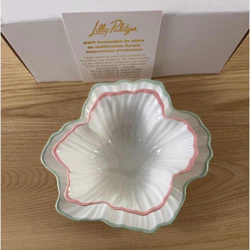 Lilly Pulitzer Floral Nesting Dish Set Pink Green Ceramic 2 Piece New in Box